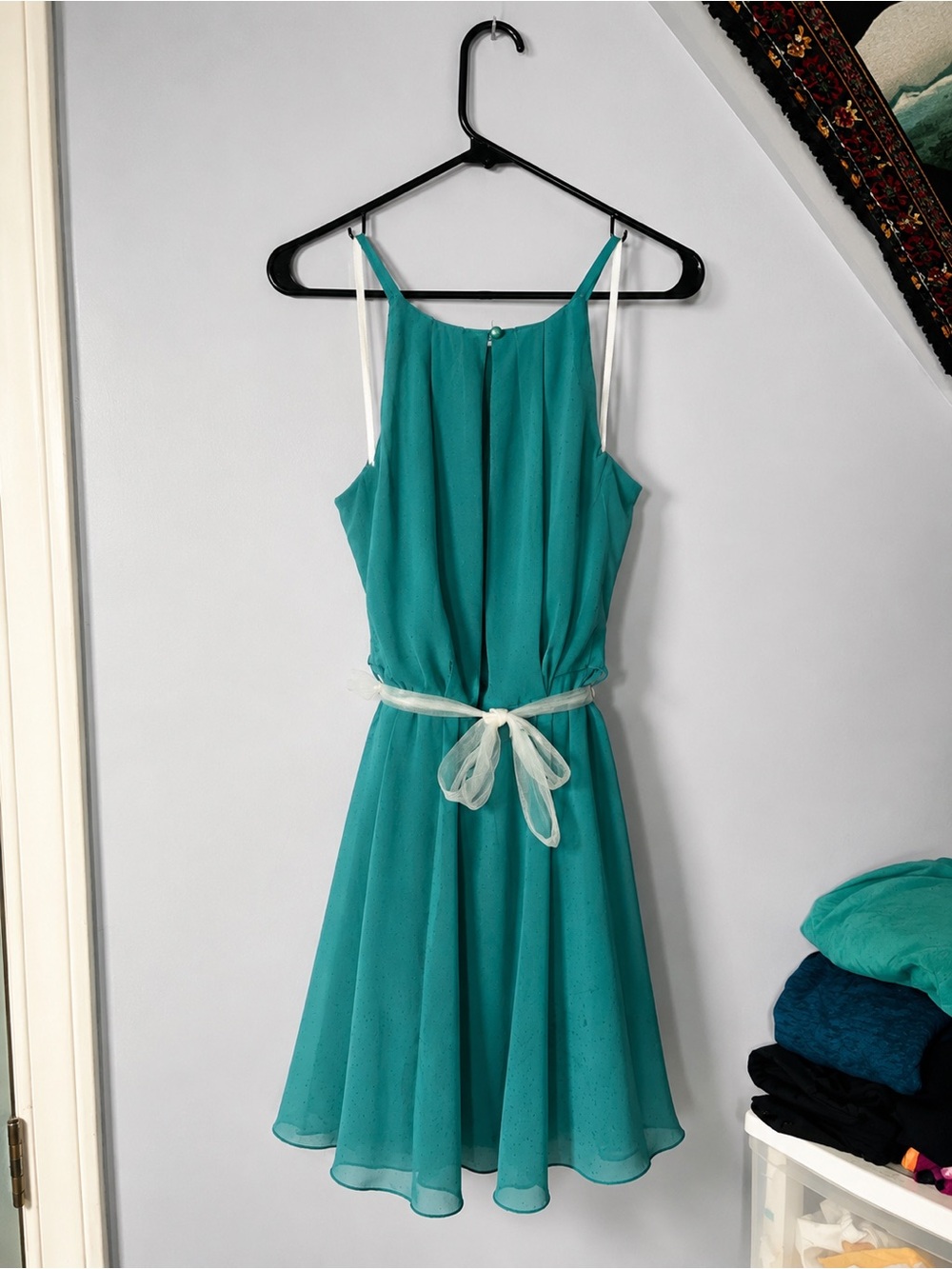 Sleeveless Teal Midi Dress with Sheer Waist Tie